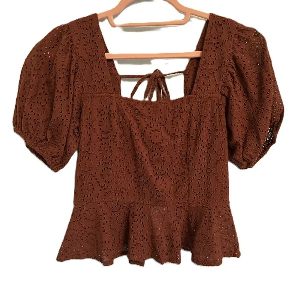 NWT Band of the Free Smock Peplum Crop Cotton Eyelet Boho Top Size Small Brown - Picture 4 of 11